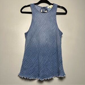 Anthropologie Cloth & Stone Textured Denim Blue Tank Top Fringe Hem Women’s M